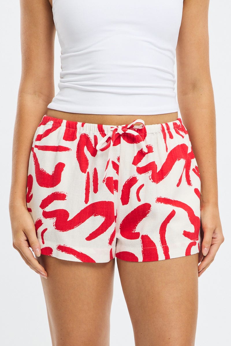 Red Abstract Shorts Mid Rise