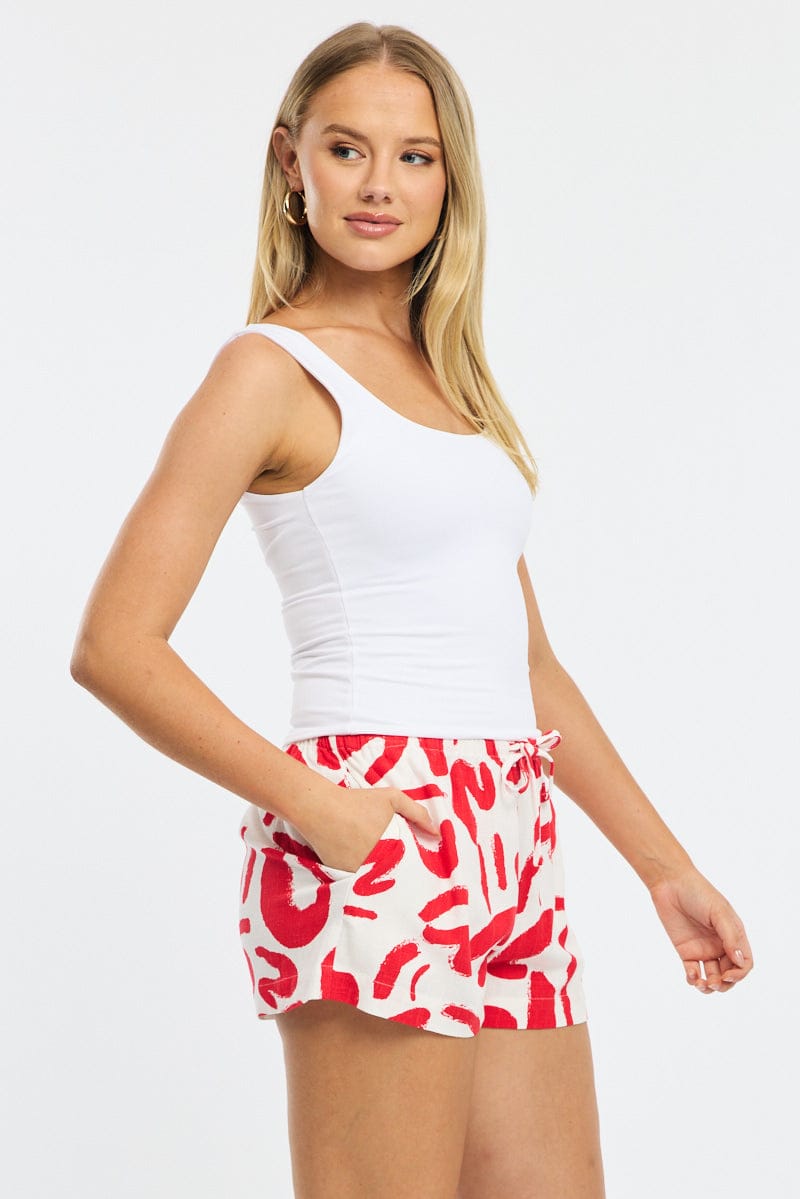Red Abstract Shorts Mid Rise