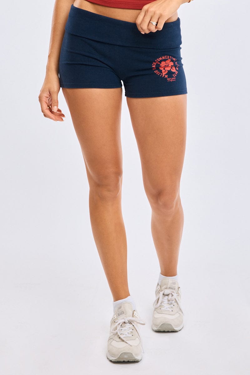 Blue Biker Shorts Folded Waist