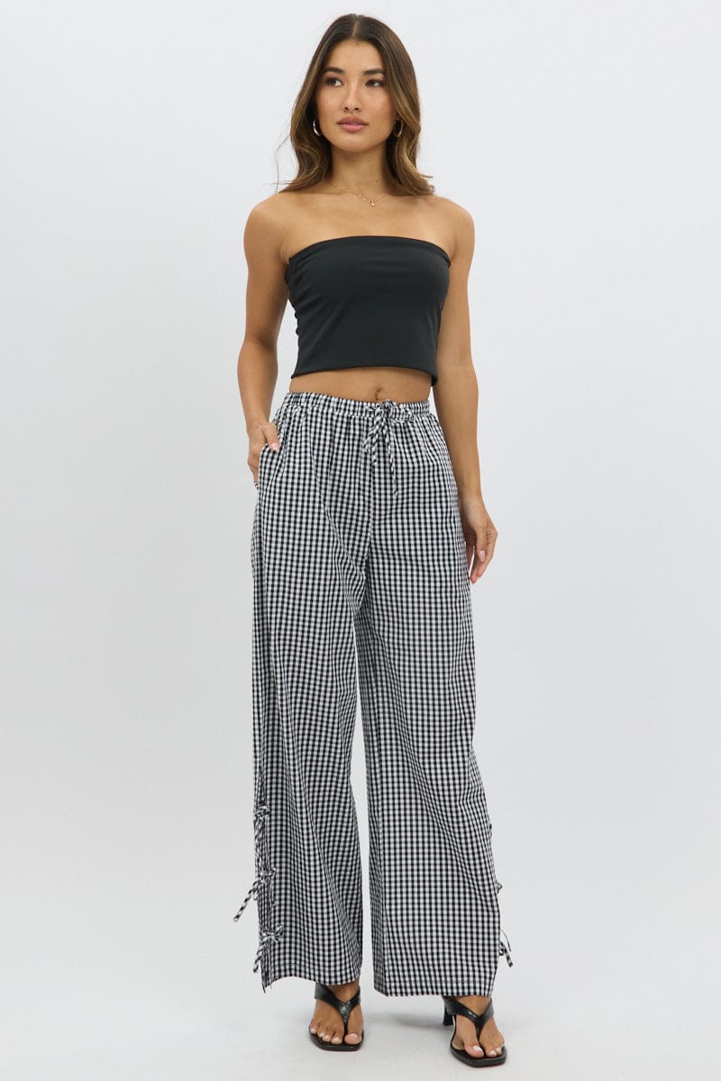 Black Check Wide Leg Pants Side Ribbon