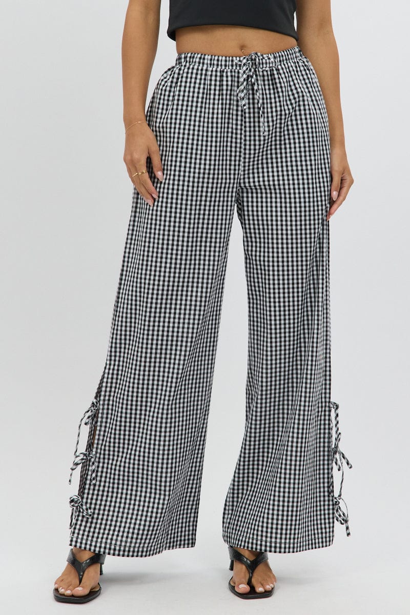 Black Check Wide Leg Pants Side Ribbon