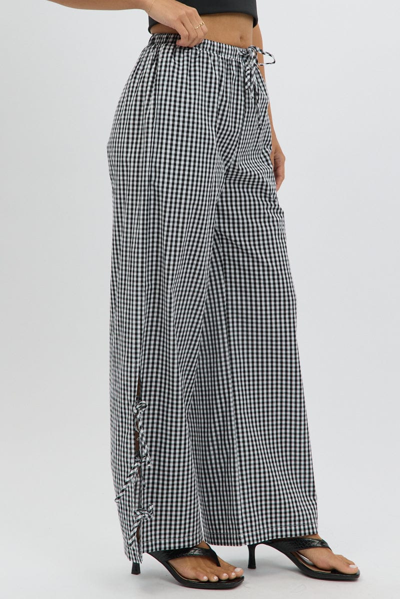 Black Check Wide Leg Pants Side Ribbon