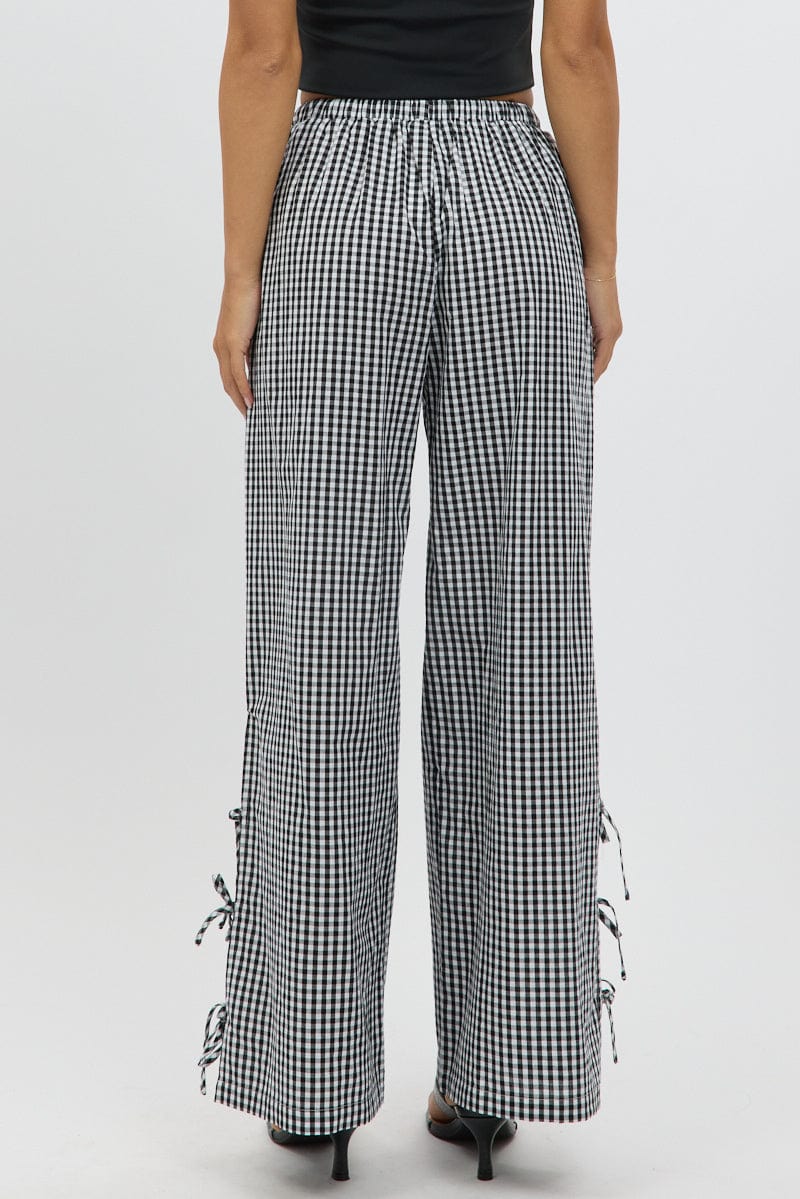 Black Check Wide Leg Pants Side Ribbon