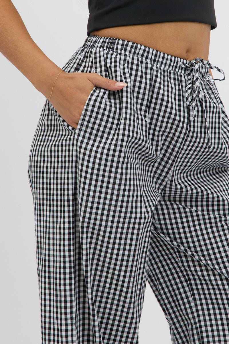 Black Check Wide Leg Pants Side Ribbon