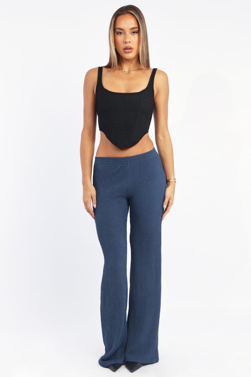 Blue Wide Leg Pants Textured Fabric