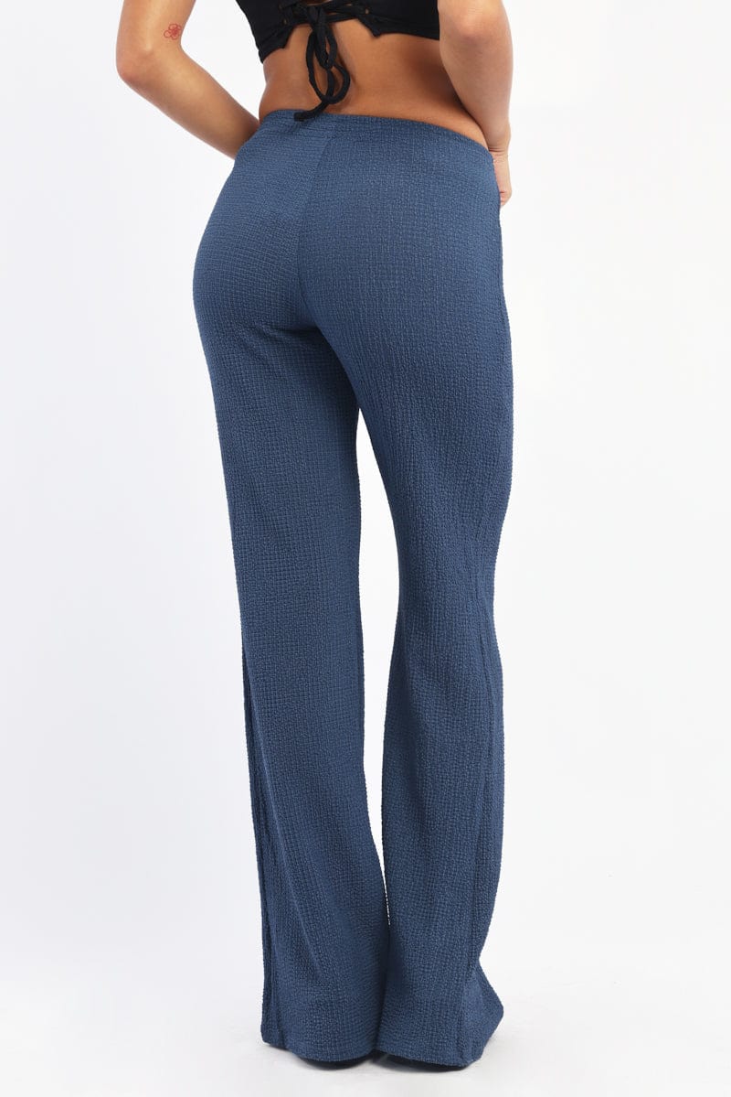 Blue Wide Leg Pants Textured Fabric