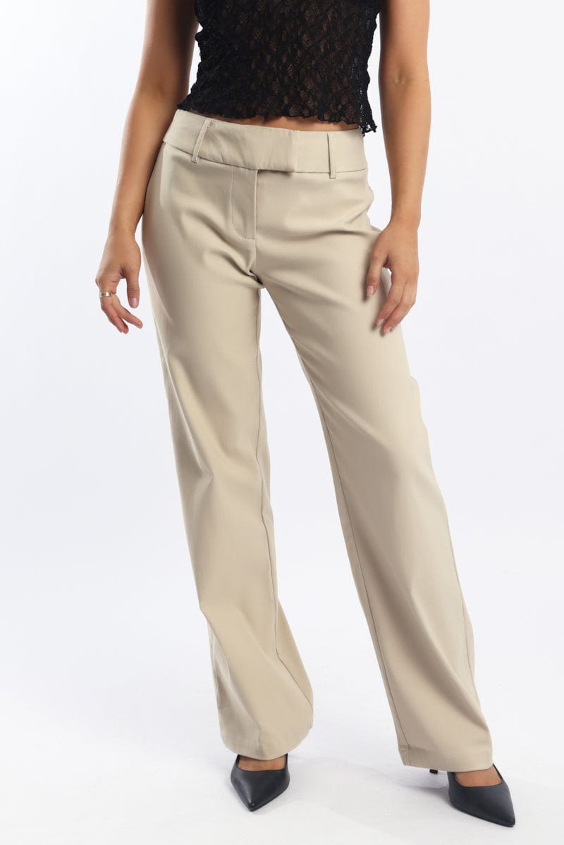 Beige Straight Fit Low Rise Pants