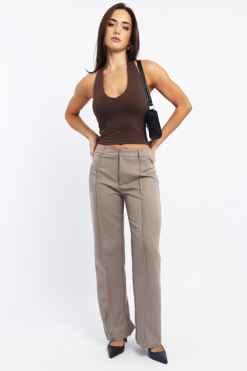 Beige Smart Pants High Rise
