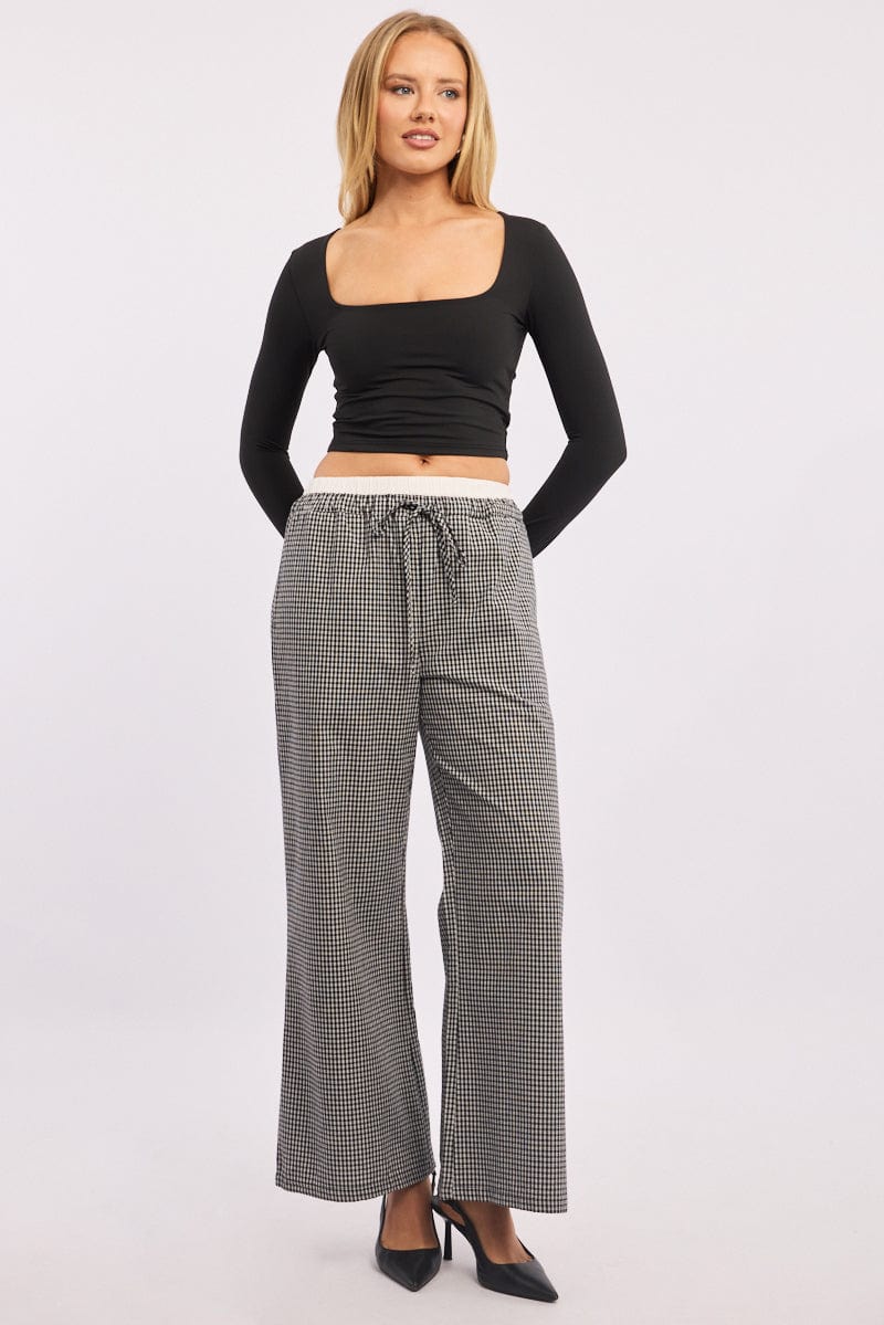 Black Check Wide Leg Pants Contrast Waist