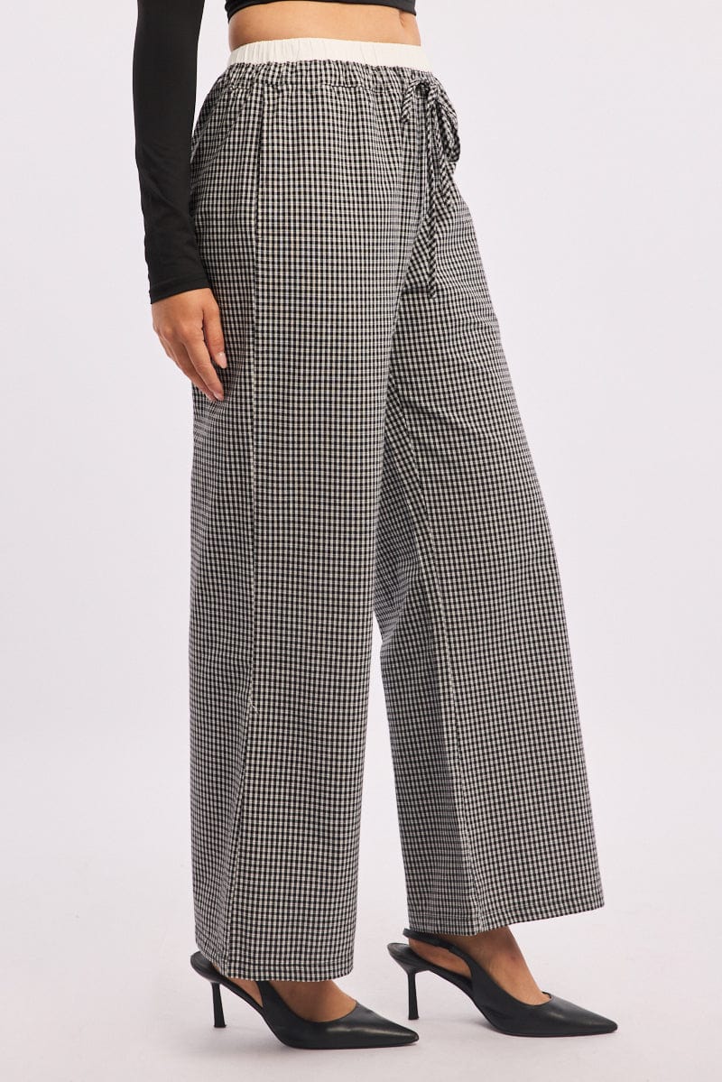 Black Check Wide Leg Pants Contrast Waist