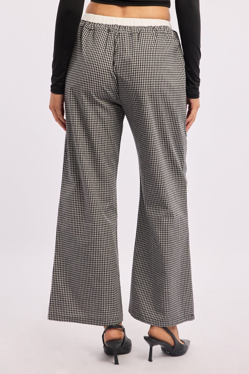 Black Check Wide Leg Pants Contrast Waist