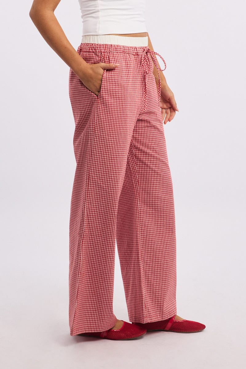 Red Check Wide Leg Pants Contrast Waist