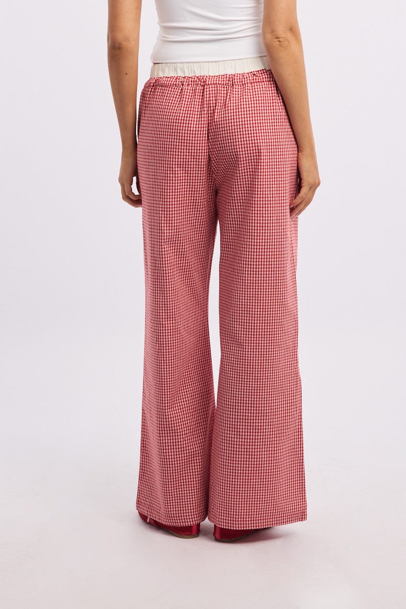 Red Check Wide Leg Pants Contrast Waist