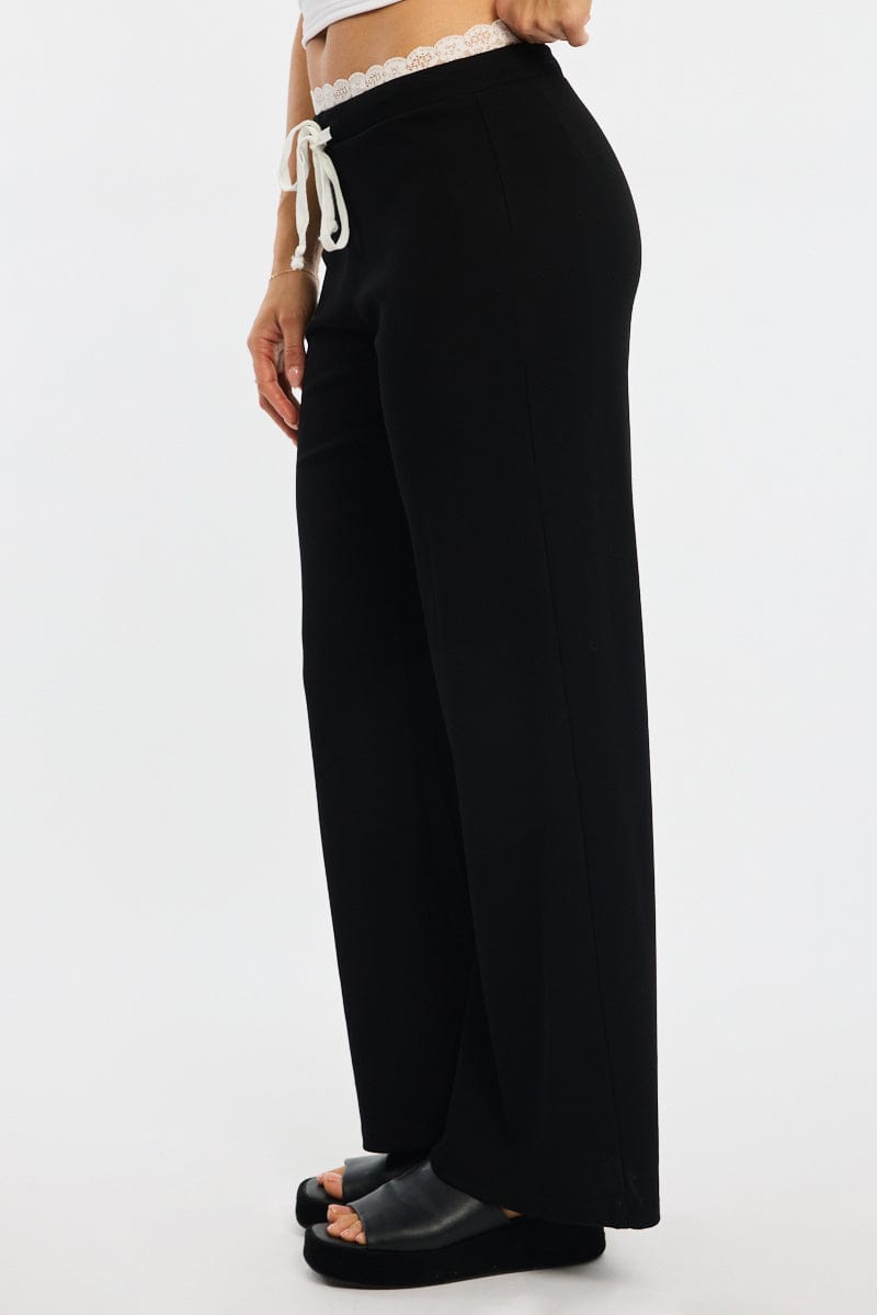 Black Wide Leg Pants Lace Trim