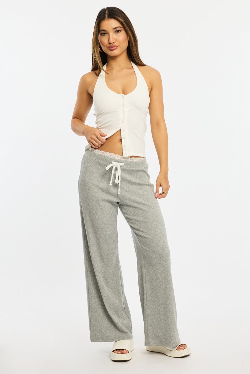 Grey Wide Leg Pants Lace Trim