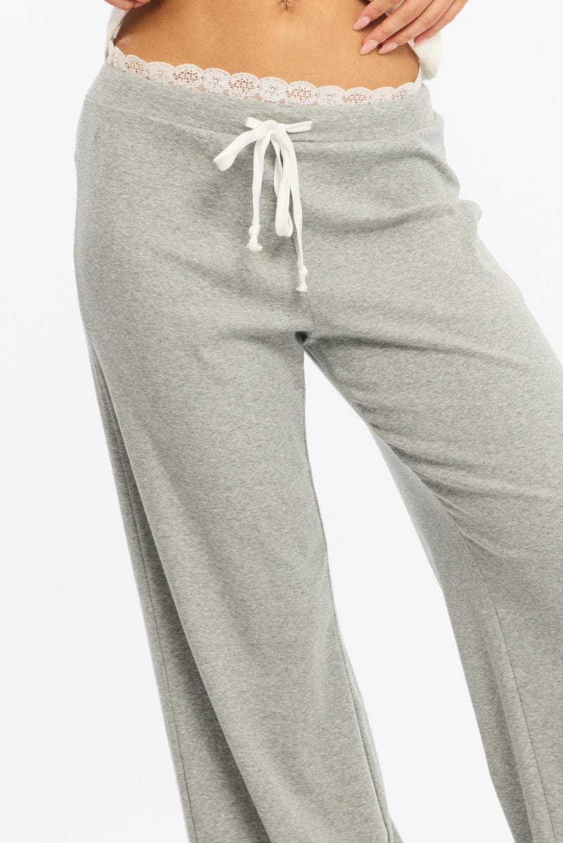 Grey Wide Leg Pants Lace Trim
