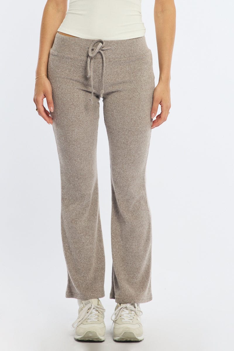 Beige Flare Leg Pants Elasticated Waist