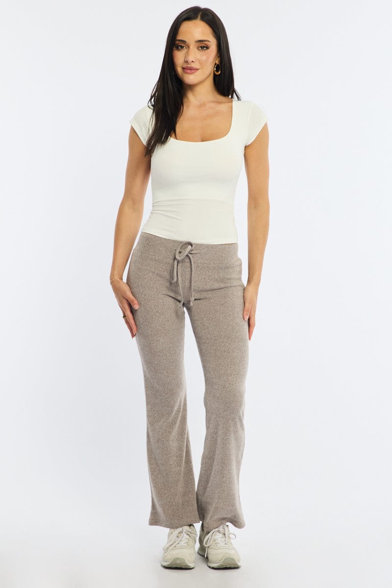 Beige Flare Leg Pants Elasticated Waist
