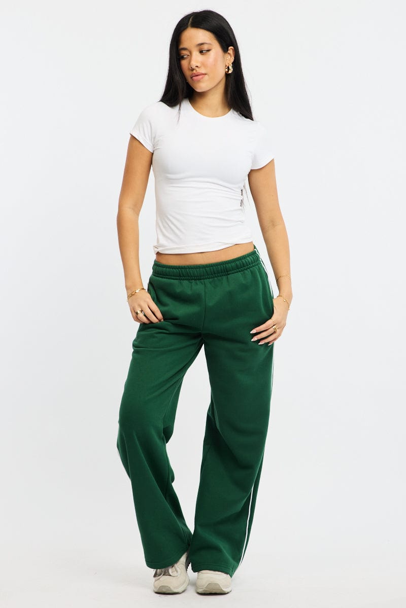 Green Track Pants Wide Leg Side Stripe