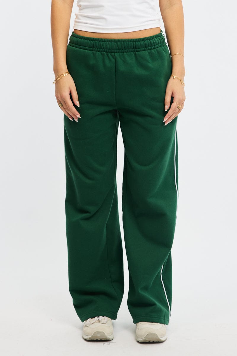 Green Track Pants Wide Leg Side Stripe