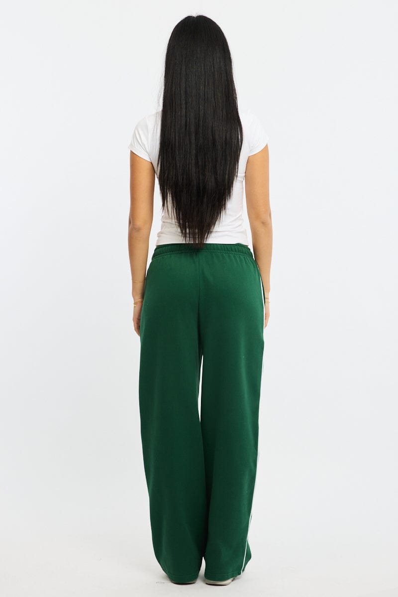 Green Track Pants Wide Leg Side Stripe