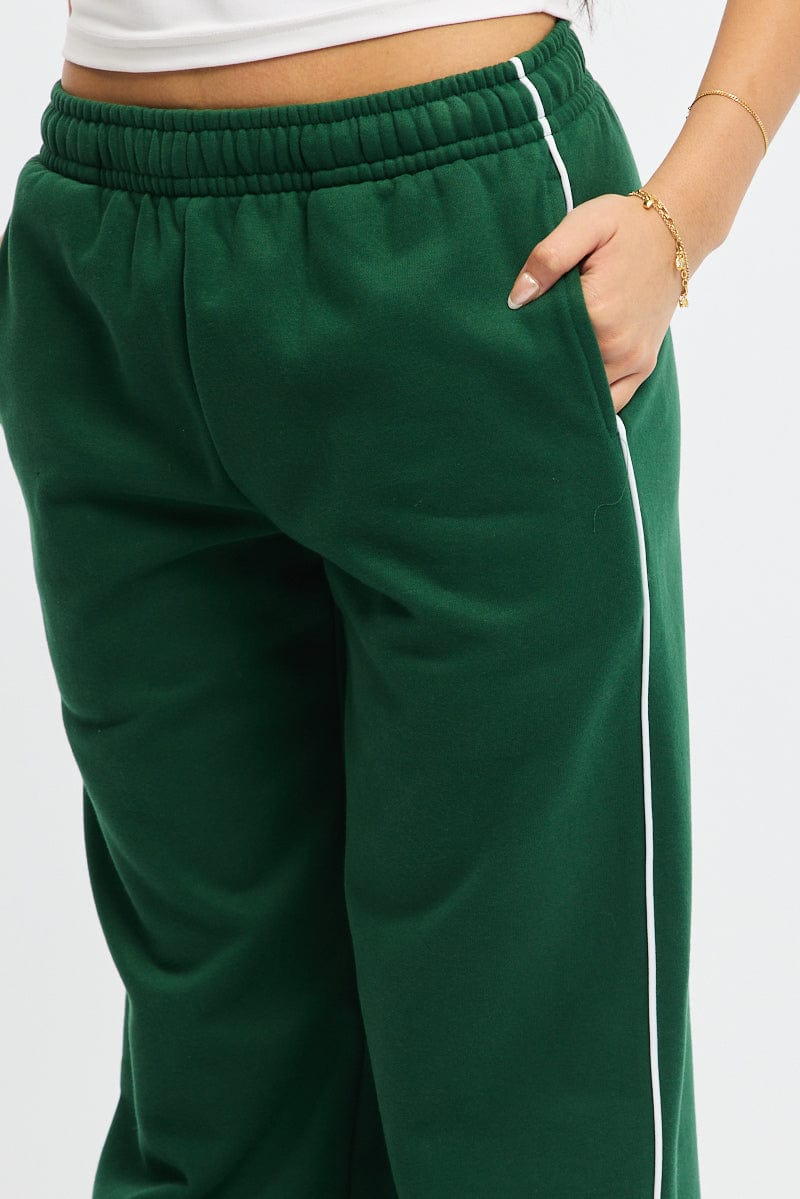 Green Track Pants Wide Leg Side Stripe