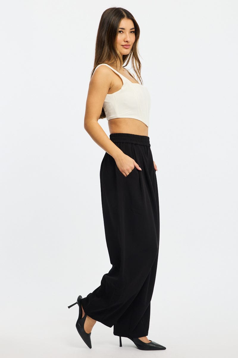 Black Barrel Leg Pant Elastic Waist
