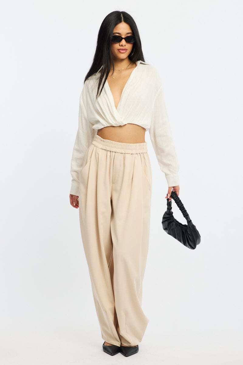 Beige Barrel Leg Pant Elastic Waist