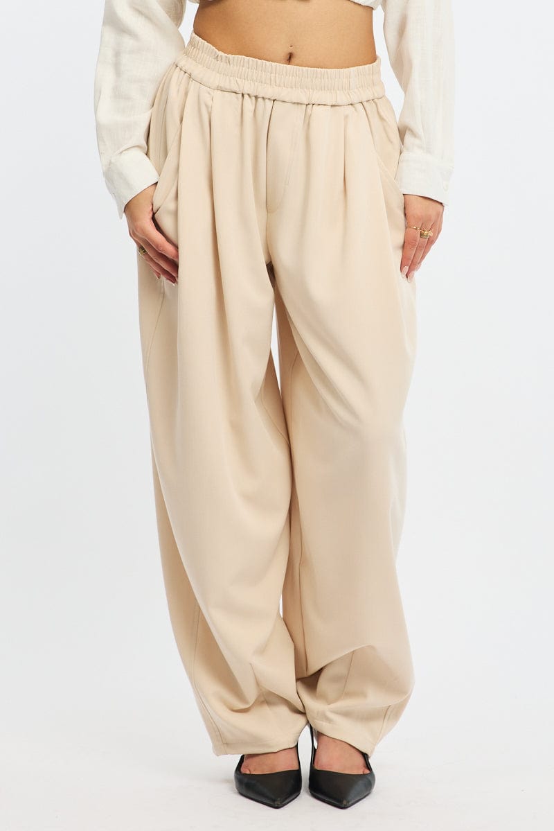 Beige Barrel Leg Pant Elastic Waist