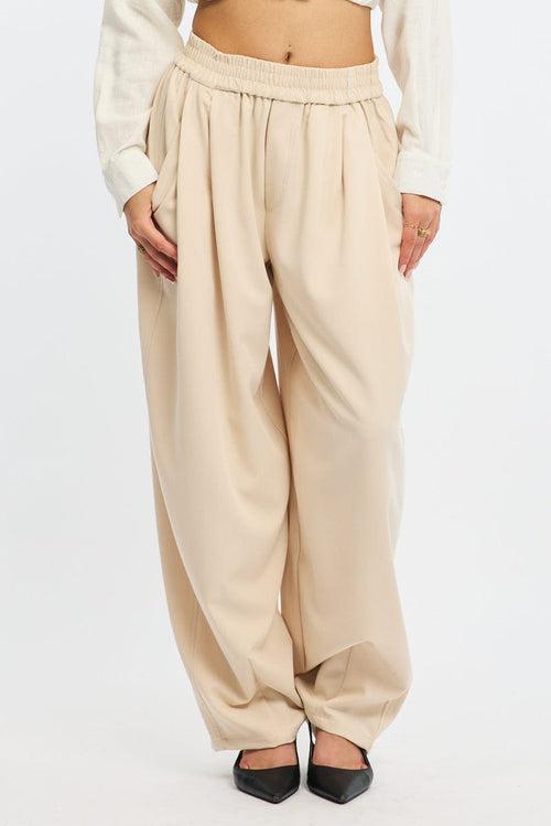 Beige Barrel Leg Pant Elastic Waist