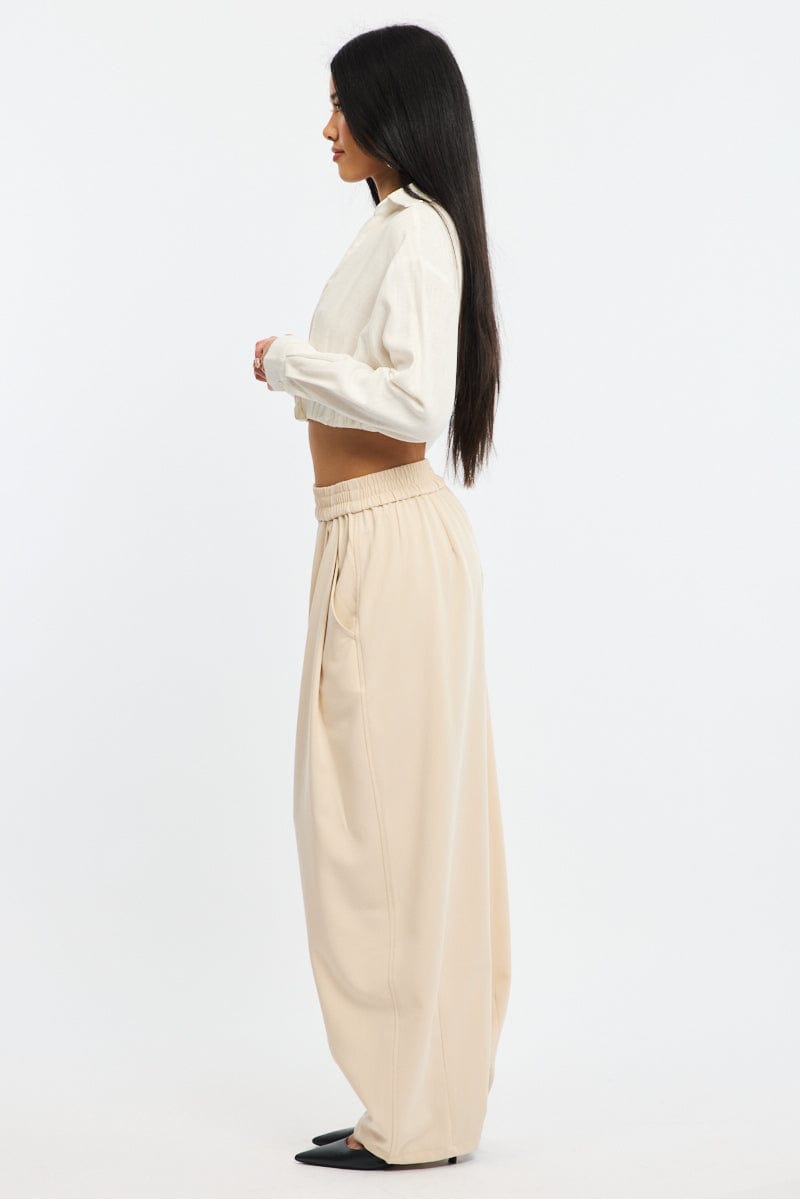 Beige Barrel Leg Pant Elastic Waist