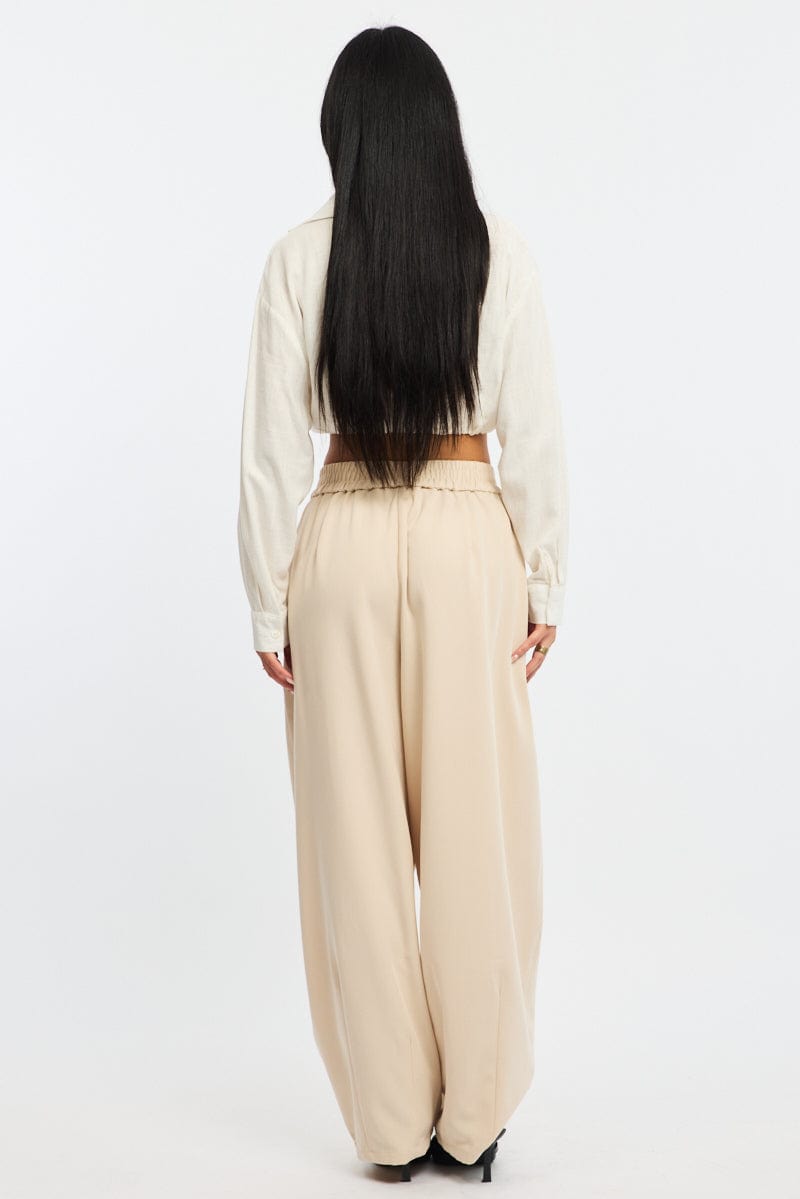 Beige Barrel Leg Pant Elastic Waist