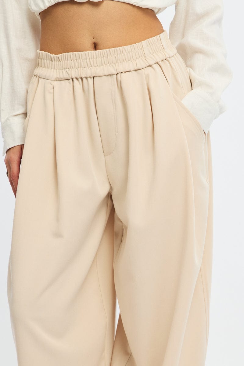 Beige Barrel Leg Pant Elastic Waist