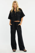 Black Wide Leg Pants Contrast Stitch