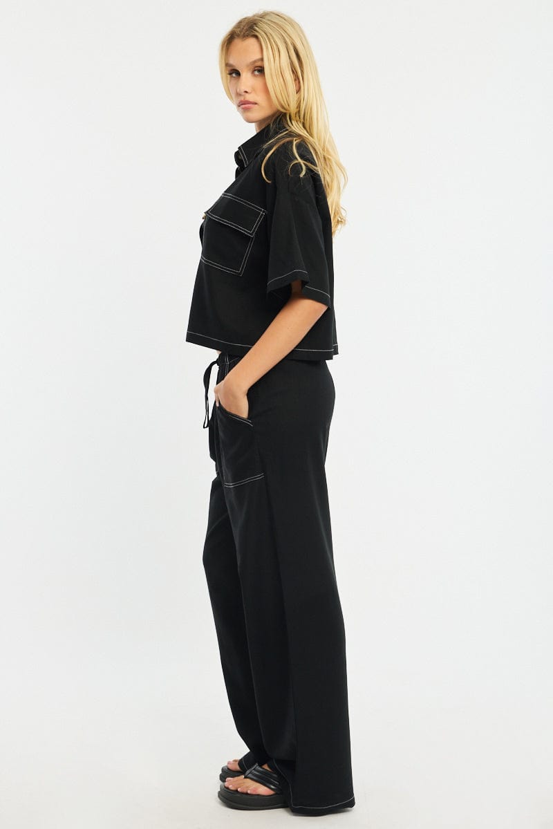 Black Wide Leg Pants Contrast Stitch