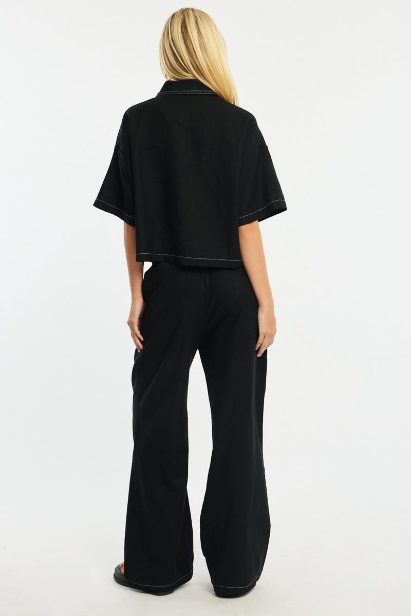 Black Wide Leg Pants Contrast Stitch