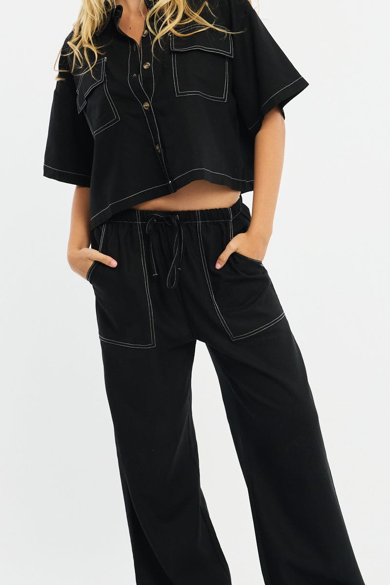 Black Wide Leg Pants Contrast Stitch