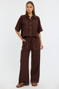 Brown Wide Leg Pants Contrast Stitch