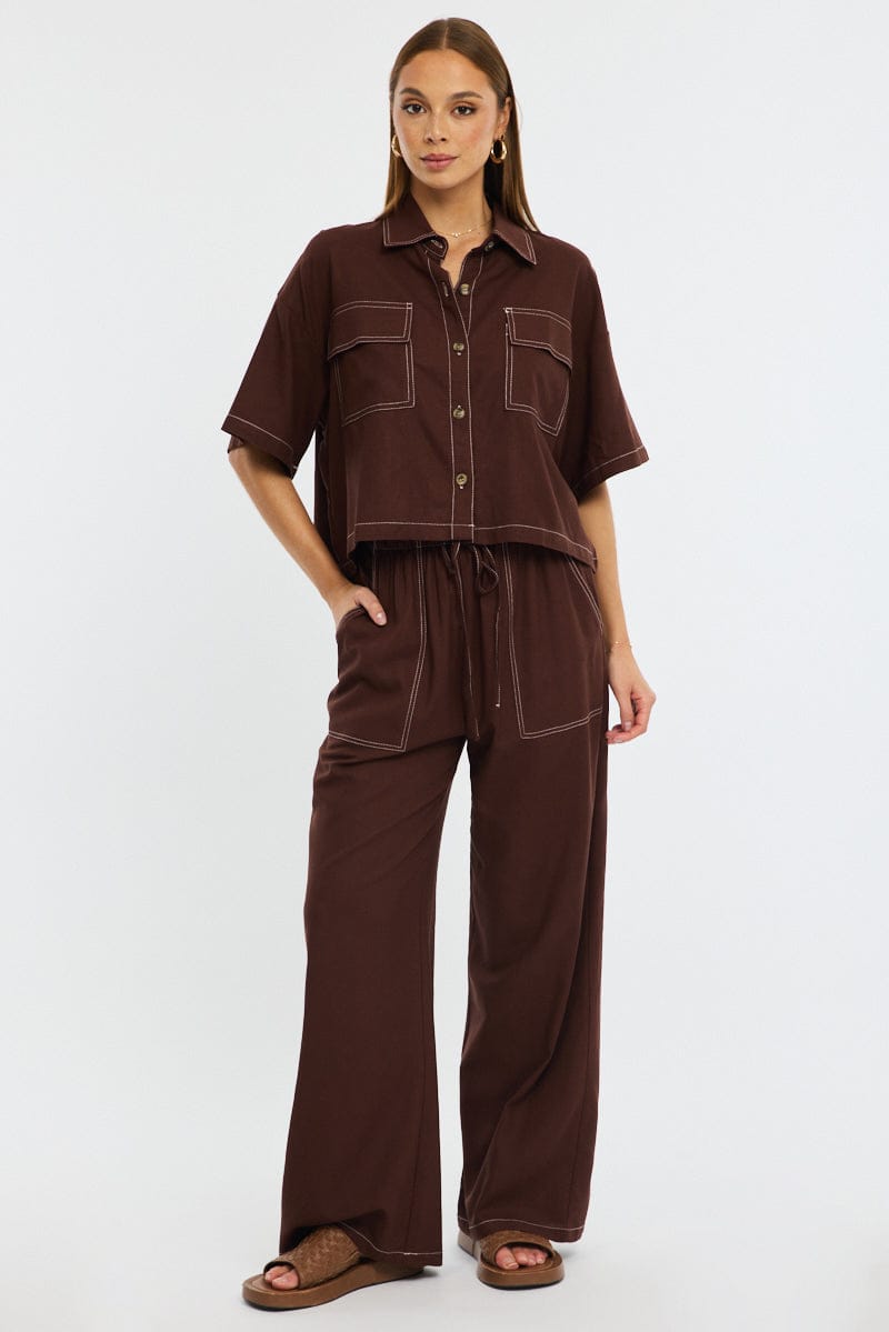 Brown Wide Leg Pants Contrast Stitch