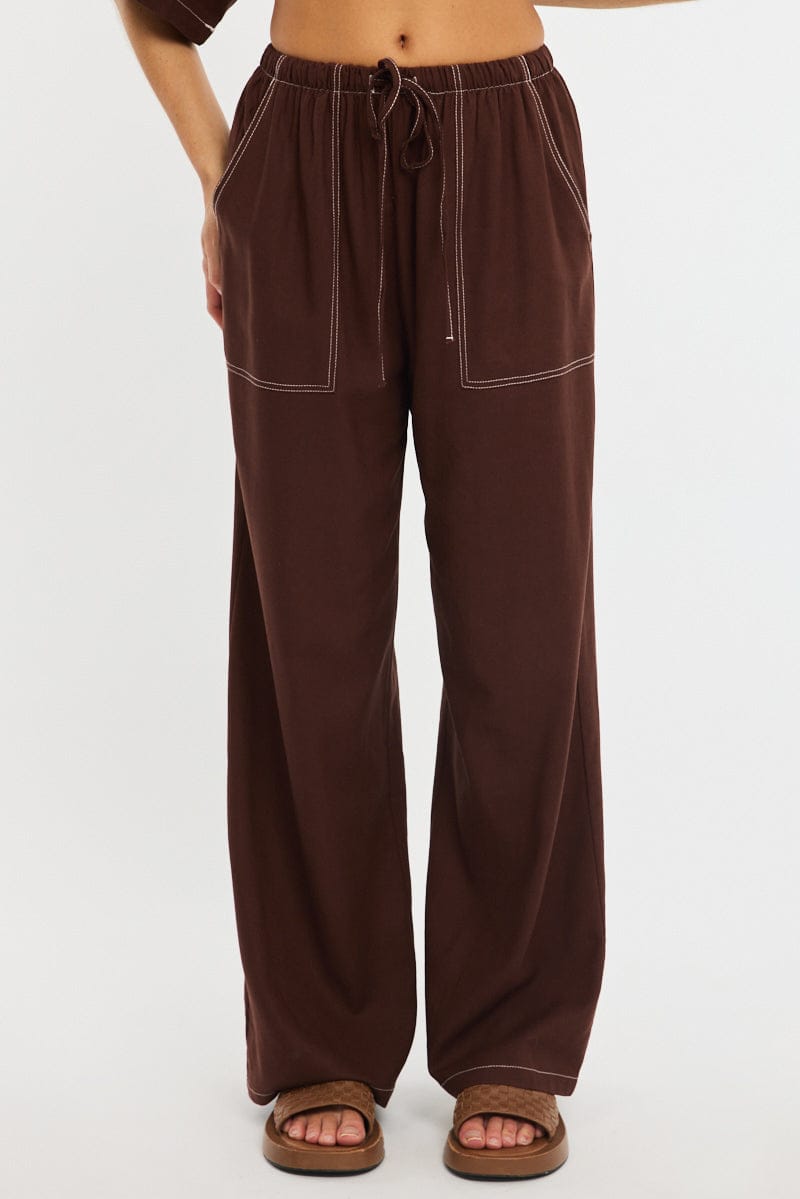 Brown Wide Leg Pants Contrast Stitch