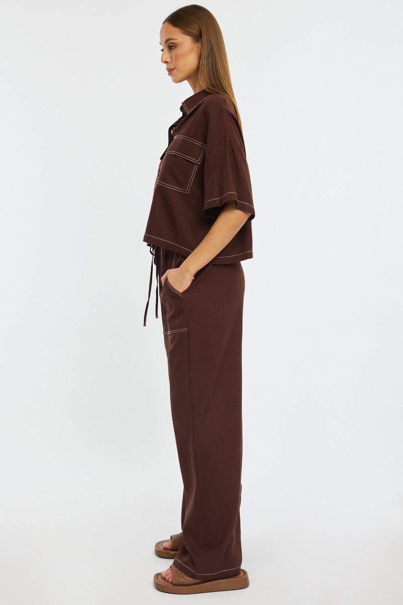 Brown Wide Leg Pants Contrast Stitch
