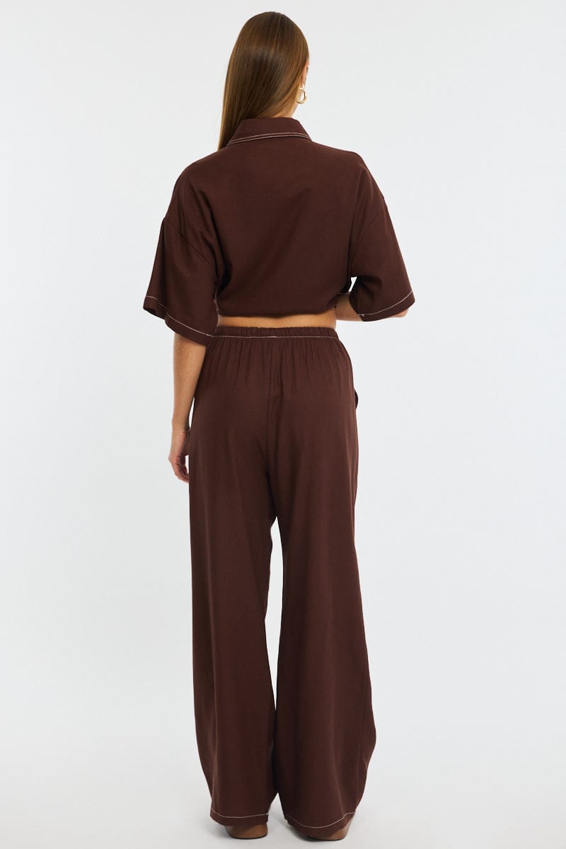 Brown Wide Leg Pants Contrast Stitch