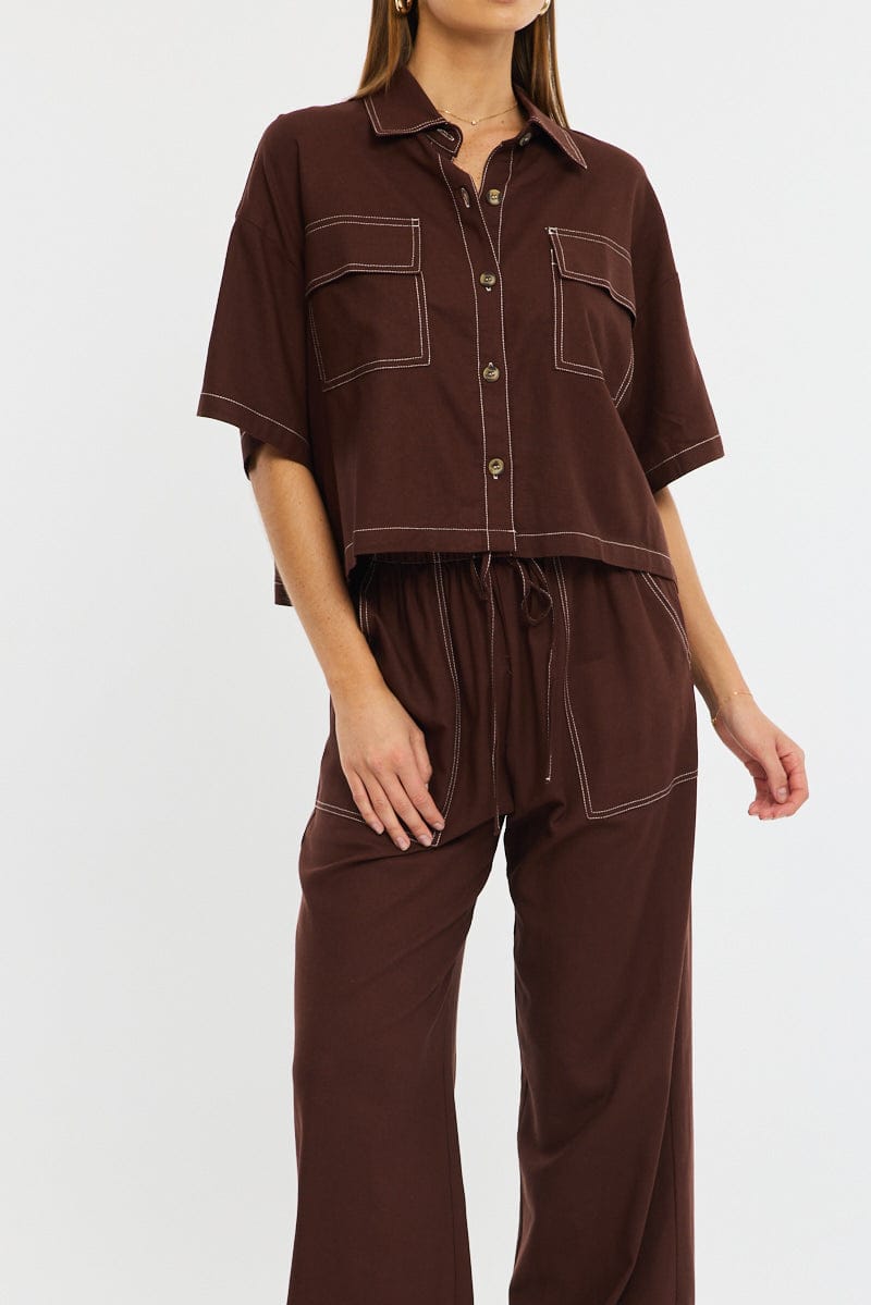 Brown Wide Leg Pants Contrast Stitch