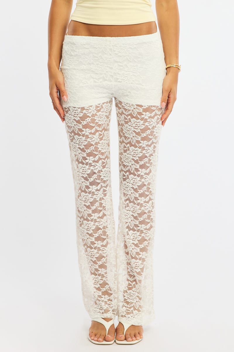 White Flare Leg Pants Lace