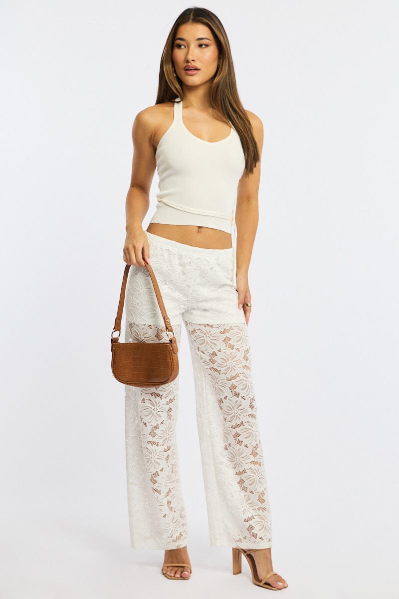 White Wide Leg Pants Lace
