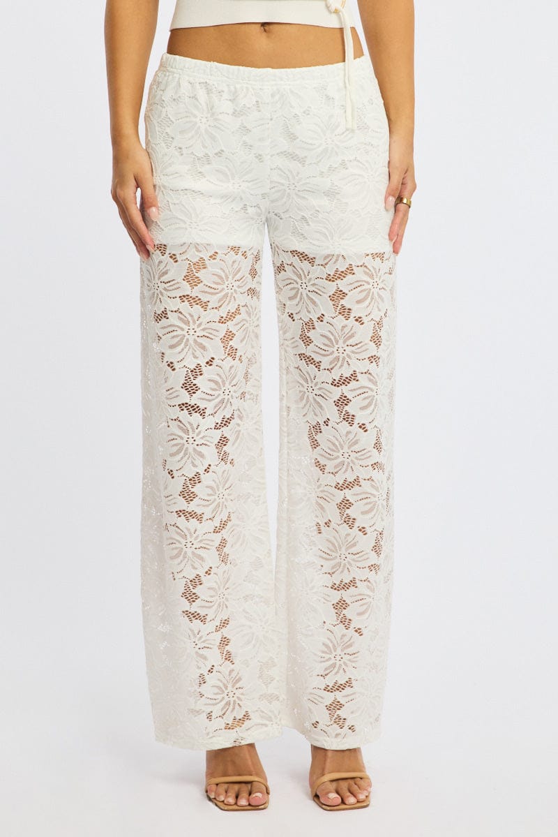 White Wide Leg Pants Lace