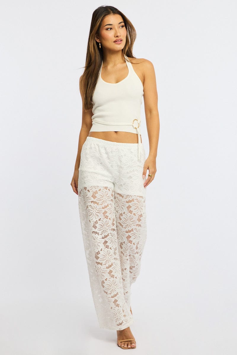 White Wide Leg Pants Lace