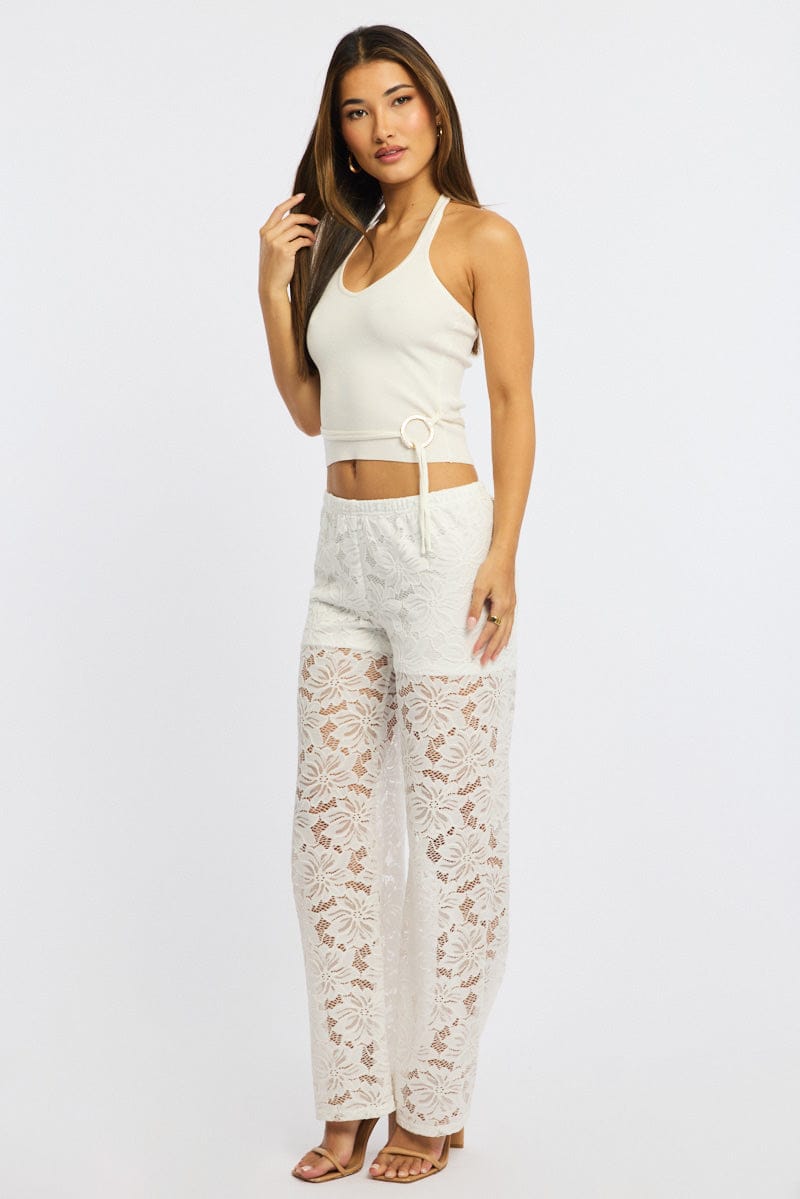 White Wide Leg Pants Lace