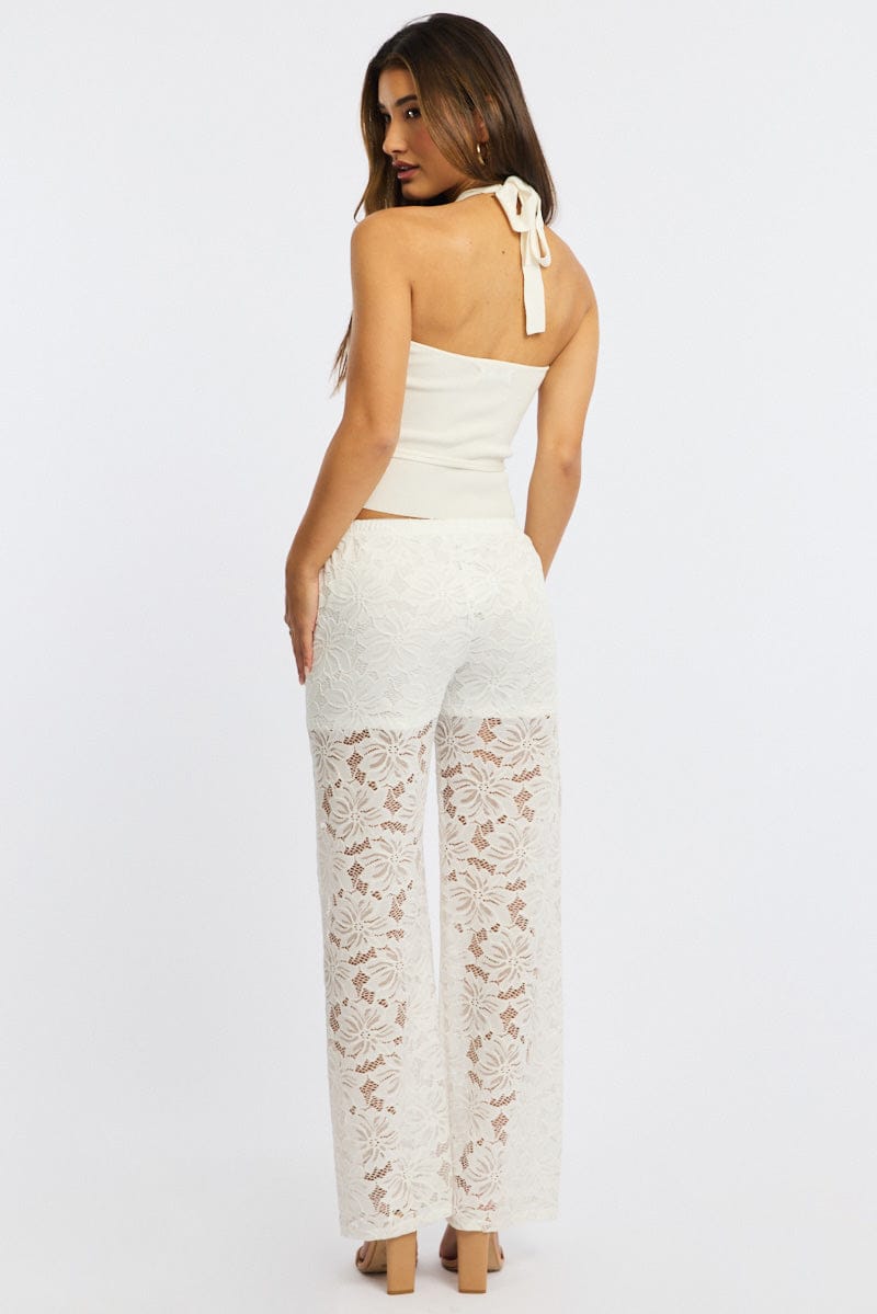 White Wide Leg Pants Lace