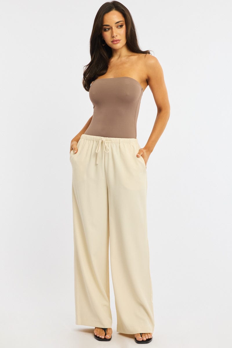 Beige Wide Leg Pants Elasticated Waist